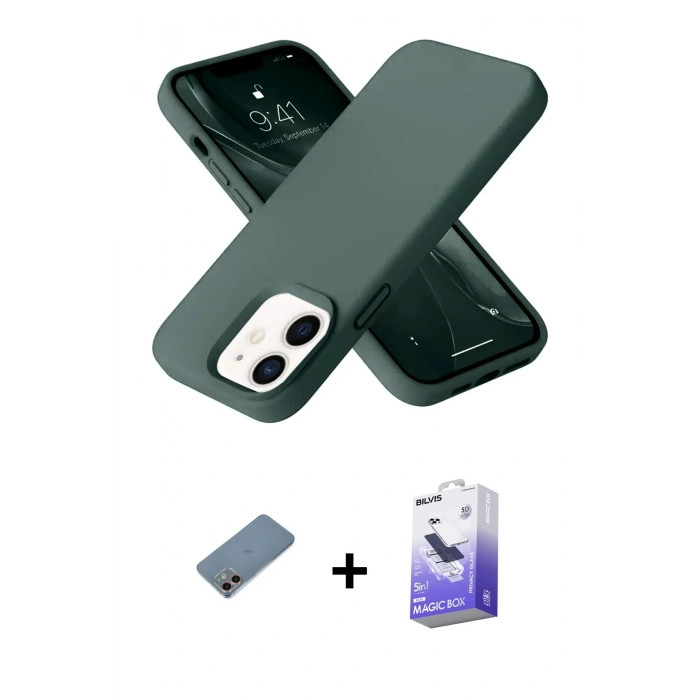 MARSİLYAN™- iPhone 12 Kılıf Ahenk Serisi - Siyah Bilvis 5in1 5D Magic Hayalet Cam Ekran Koruyucu + Shine Kamera Lens Koruma Cam - PE