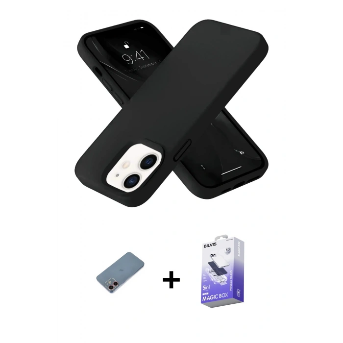 MARSİLYAN™- iPhone 12 Kılıf Ahenk Serisi - Siyah Bilvis 5in1 5D Magic Hayalet Cam Ekran Koruyucu + Shine Kamera Lens Koruma Cam - PE