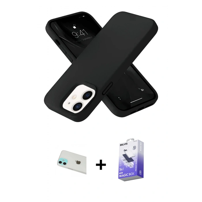 MARSİLYAN™- iPhone 12 Kılıf Ahenk Serisi - Siyah Bilvis 5in1 5D Magic Hayalet Cam Ekran Koruyucu + Rainbow Kamera Lens Koruma Cam - YL