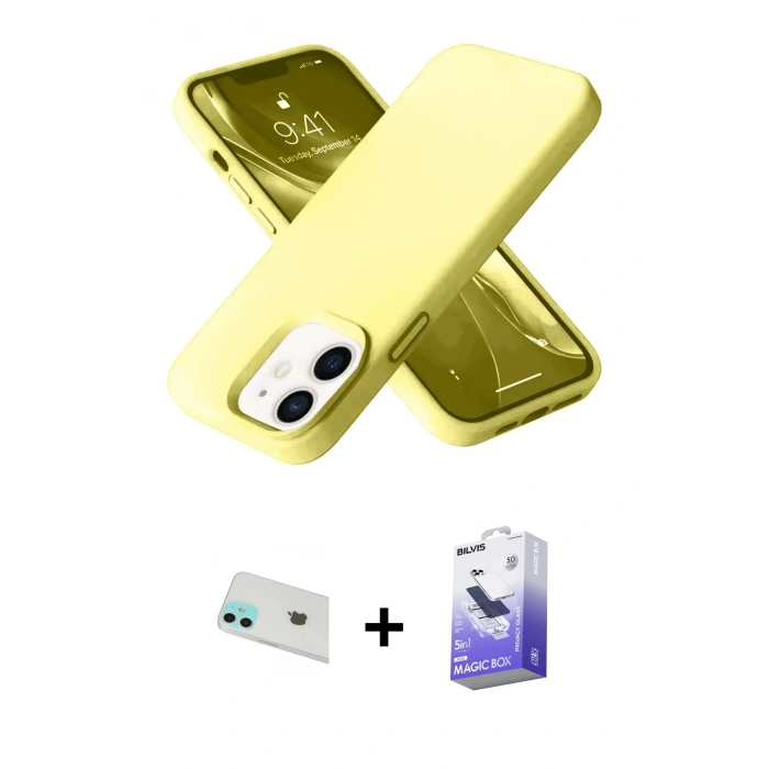 MARSİLYAN™- iPhone 12 Kılıf Ahenk Serisi - Siyah Bilvis 5in1 5D Magic Hayalet Cam Ekran Koruyucu + Rainbow Kamera Lens Koruma Cam - YL