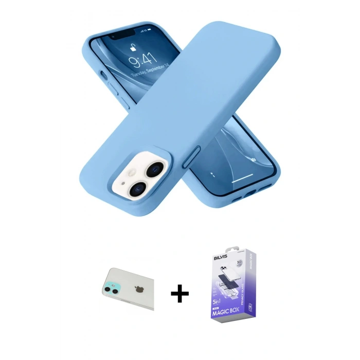 MARSİLYAN™- iPhone 12 Kılıf Ahenk Serisi - Siyah Bilvis 5in1 5D Magic Hayalet Cam Ekran Koruyucu + Rainbow Kamera Lens Koruma Cam - YL