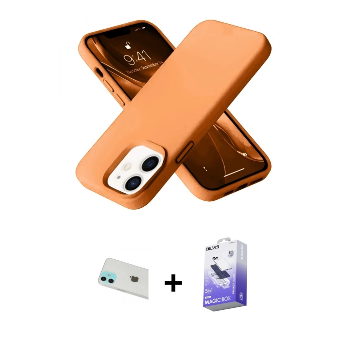 MARSİLYAN™- iPhone 12 Kılıf Ahenk Serisi - Siyah Bilvis 5in1 5D Magic Hayalet Cam Ekran Koruyucu + Rainbow Kamera Lens Koruma Cam - YL