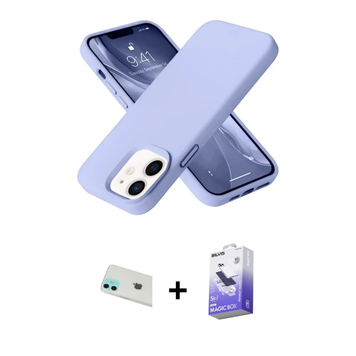 MARSİLYAN™- iPhone 12 Kılıf Ahenk Serisi - Siyah Bilvis 5in1 5D Magic Hayalet Cam Ekran Koruyucu + Rainbow Kamera Lens Koruma Cam - YL