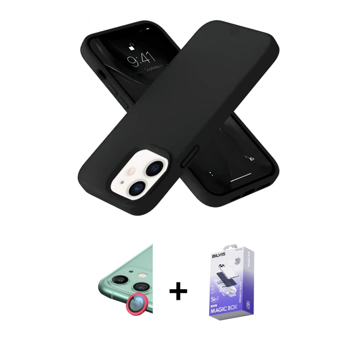 MARSİLYAN™- iPhone 12 Kılıf Ahenk Serisi - Siyah Bilvis 5in1 5D Magic Hayalet Cam Ekran Koruyucu + Raze Metal Kamera Lens - KI