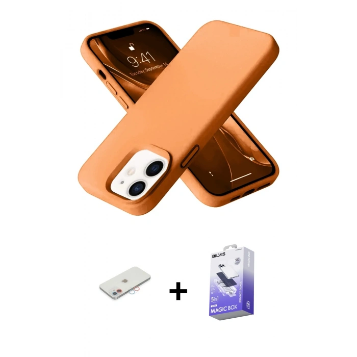 MARSİLYAN™- iPhone 12 Kılıf Ahenk Serisi - Siyah Bilvis 5in1 5D Magic Hayalet Cam Ekran Koruyucu + Renkli Kamera Lens Koruma Cam - PE