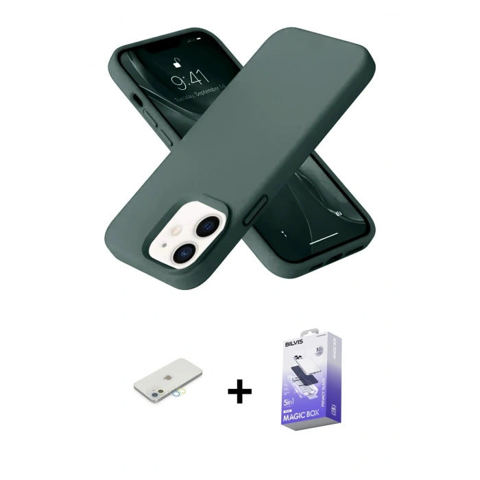 MARSİLYAN™- iPhone 12 Kılıf Ahenk Serisi - Siyah Bilvis 5in1 5D Magic Hayalet Cam Ekran Koruyucu + Renkli Kamera Lens Koruma Cam - SI