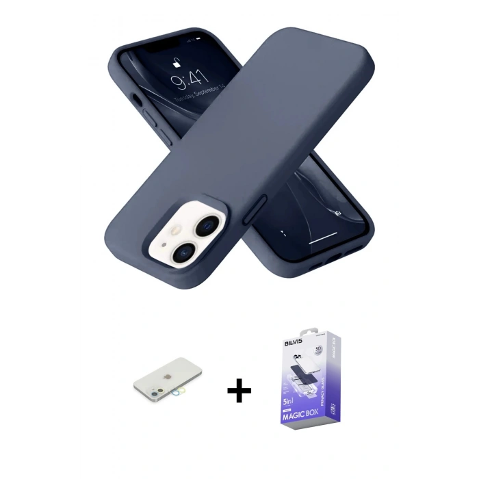 MARSİLYAN™- iPhone 12 Kılıf Ahenk Serisi - Siyah Bilvis 5in1 5D Magic Hayalet Cam Ekran Koruyucu + Renkli Kamera Lens Koruma Cam - SI