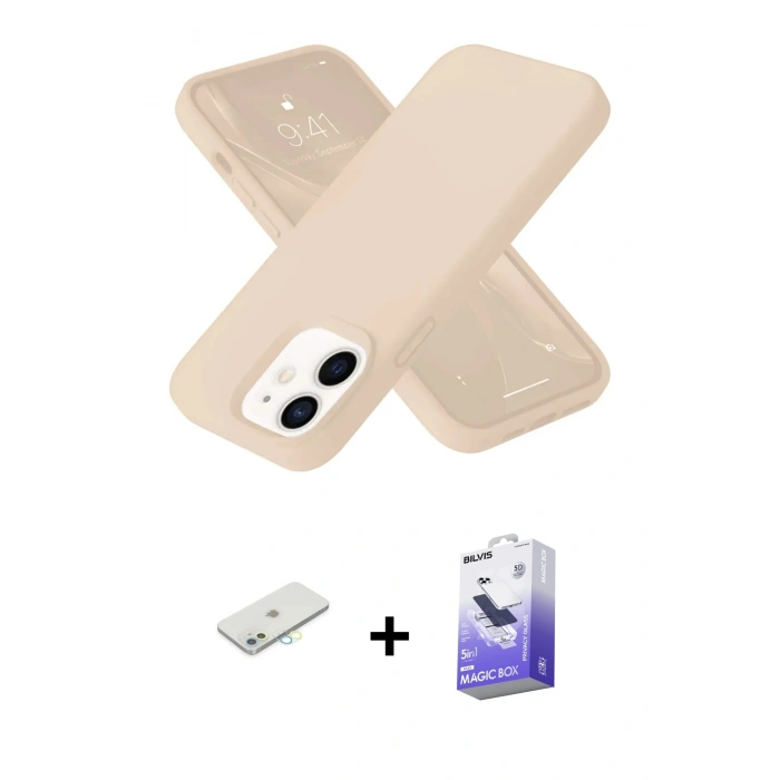 MARSİLYAN™- iPhone 12 Kılıf Ahenk Serisi - Siyah Bilvis 5in1 5D Magic Hayalet Cam Ekran Koruyucu + Renkli Kamera Lens Koruma Cam - SI