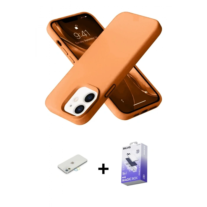 MARSİLYAN™- iPhone 12 Kılıf Ahenk Serisi - Siyah Bilvis 5in1 5D Magic Hayalet Cam Ekran Koruyucu + Renkli Kamera Lens Koruma Cam - SI