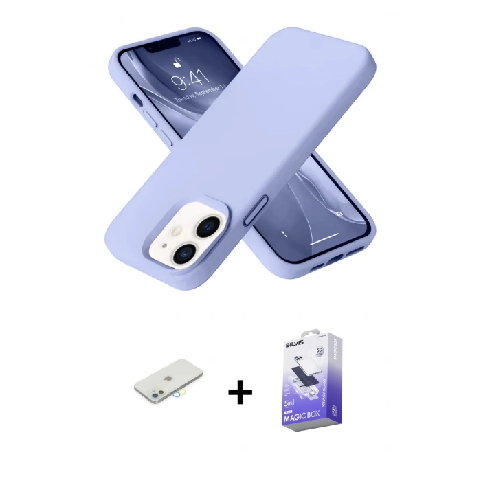 MARSİLYAN™- iPhone 12 Kılıf Ahenk Serisi - Siyah Bilvis 5in1 5D Magic Hayalet Cam Ekran Koruyucu + Renkli Kamera Lens Koruma Cam - SI