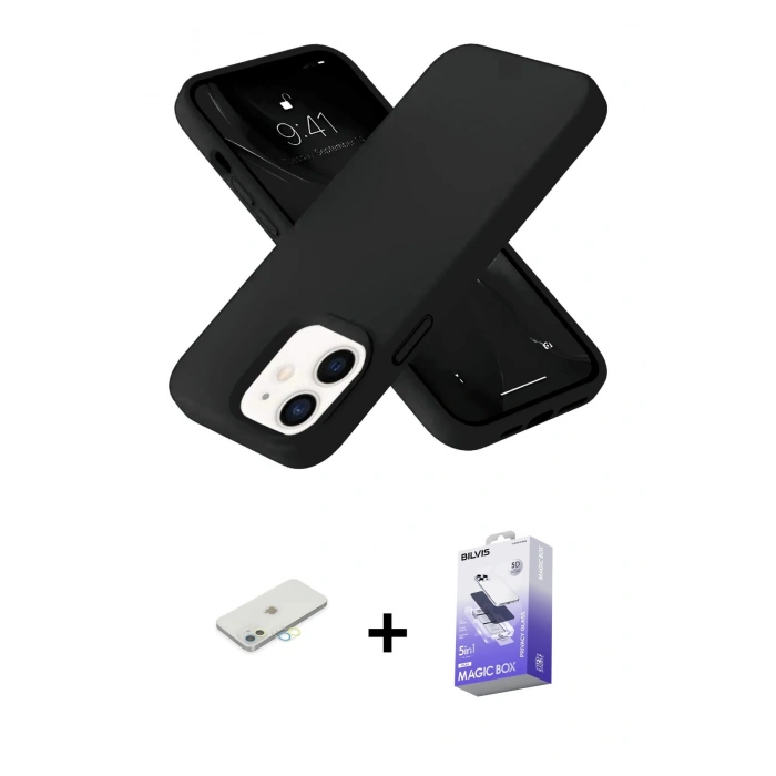 MARSİLYAN™- iPhone 12 Kılıf Ahenk Serisi - Siyah Bilvis 5in1 5D Magic Hayalet Cam Ekran Koruyucu + Renkli Kamera Lens Koruma Cam - SI