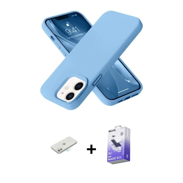 MARSİLYAN™- iPhone 12 Kılıf Ahenk Serisi - Siyah Bilvis 5in1 5D Magic Hayalet Cam Ekran Koruyucu + Renkli Kamera Lens Koruma Cam - SI