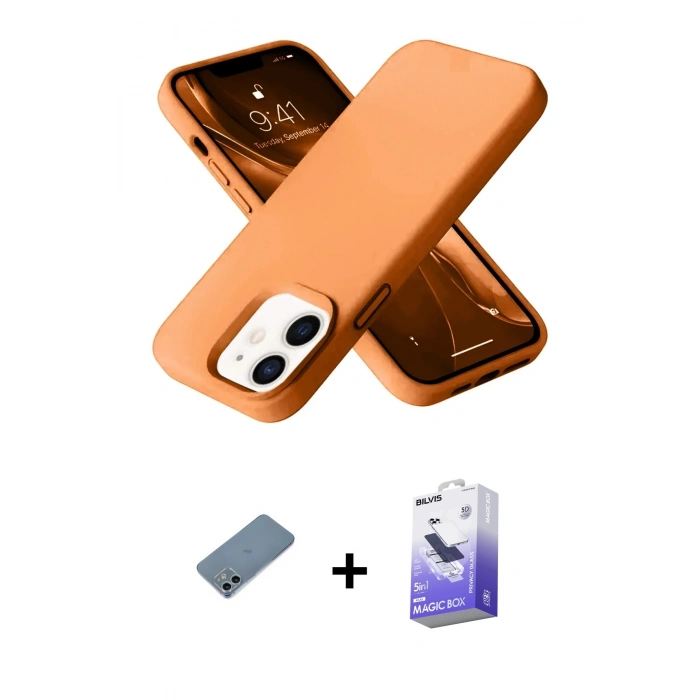 MARSİLYAN™- iPhone 12 Kılıf Ahenk Serisi - Siyah Bilvis 5in1 5D Magic Hayalet Cam Ekran Koruyucu + Shine Kamera Lens Koruma Cam - SABE