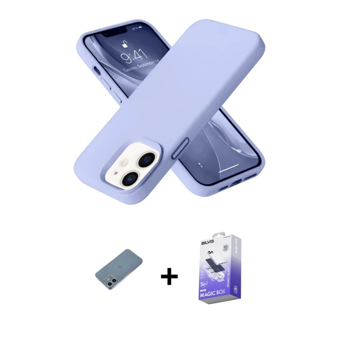 MARSİLYAN™- iPhone 12 Kılıf Ahenk Serisi - Siyah Bilvis 5in1 5D Magic Hayalet Cam Ekran Koruyucu + Shine Kamera Lens Koruma Cam - SABE