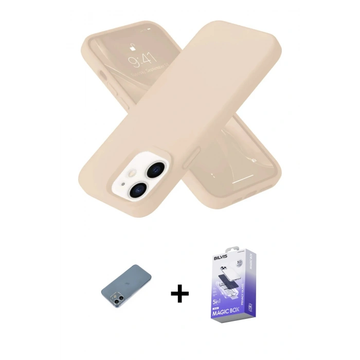 MARSİLYAN™- iPhone 12 Kılıf Ahenk Serisi - Siyah Bilvis 5in1 5D Magic Hayalet Cam Ekran Koruyucu + Shine Kamera Lens Koruma Cam - SABE