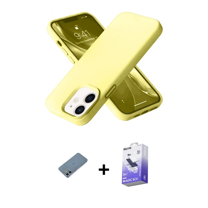 MARSİLYAN™- iPhone 12 Kılıf Ahenk Serisi - Siyah Bilvis 5in1 5D Magic Hayalet Cam Ekran Koruyucu + Shine Kamera Lens Koruma Cam - SABE