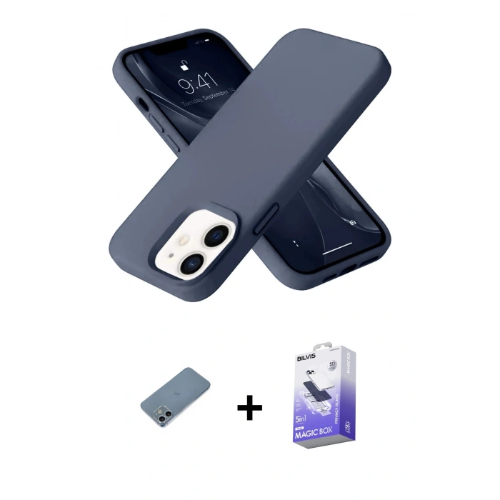 MARSİLYAN™- iPhone 12 Kılıf Ahenk Serisi - Siyah Bilvis 5in1 5D Magic Hayalet Cam Ekran Koruyucu + Shine Kamera Lens Koruma Cam - SABE