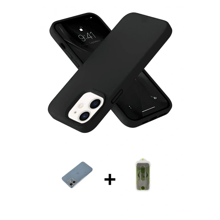 MARSİLYAN™- iPhone 12 Kılıf Ahenk Serisi - Siyah Joko Magic 5D Hayalet Cam + Shine Kamera Lens Koruma Cam - GI