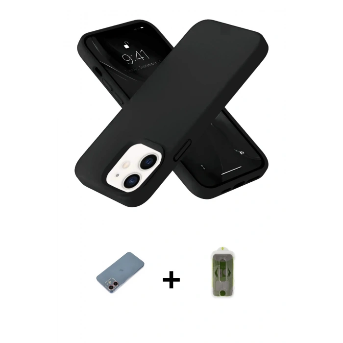 MARSİLYAN™- iPhone 12 Kılıf Ahenk Serisi - Siyah Joko Magic 5D Hayalet Cam + Shine Kamera Lens Koruma Cam - PE
