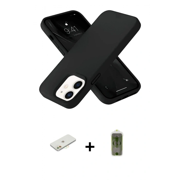 MARSİLYAN™- iPhone 12 Kılıf Ahenk Serisi - Siyah Joko Magic 5D Hayalet Cam + Renkli Kamera Lens Koruma Cam - TU