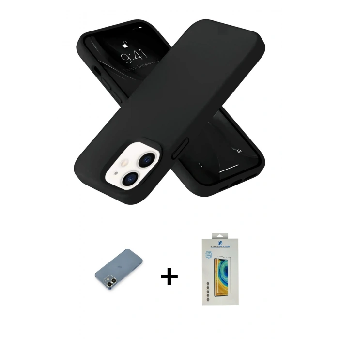 MARSİLYAN™- iPhone 12 Kılıf Ahenk Serisi - Siyah Polymer Nano Ekran Koruyucu + Metal Kamera Lens Koruma Cam - AKYL