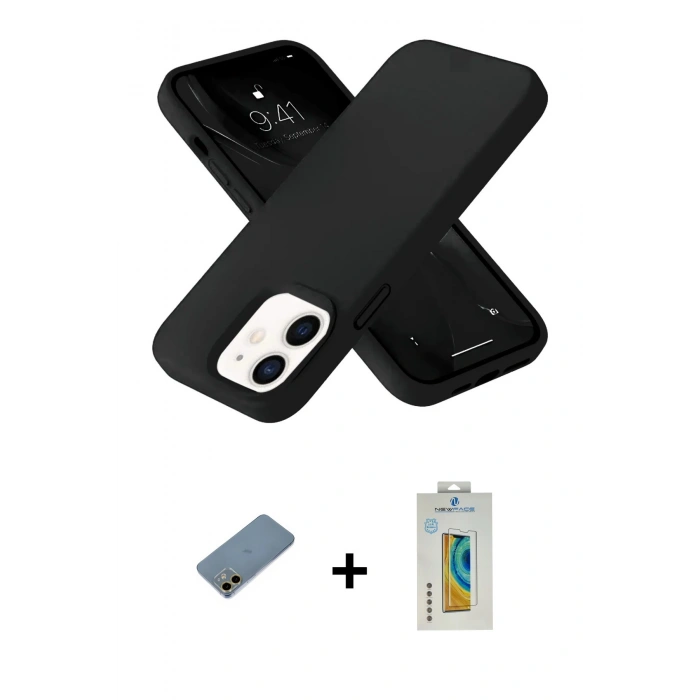 MARSİLYAN™- iPhone 12 Kılıf Ahenk Serisi - Siyah Polymer Nano Ekran Koruyucu + Shine Kamera Lens Koruma Cam - GD