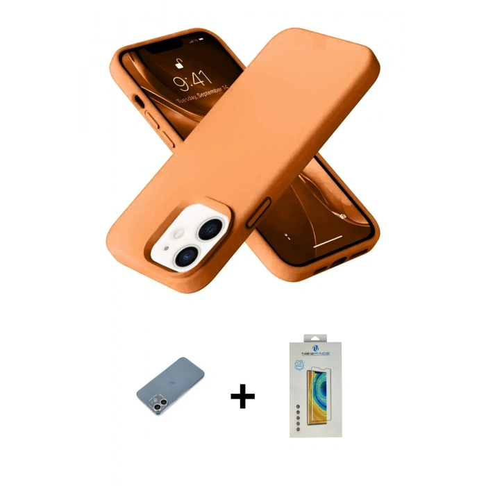 MARSİLYAN™- iPhone 12 Kılıf Ahenk Serisi - Siyah Polymer Nano Ekran Koruyucu + Shine Kamera Lens Koruma Cam - GS
