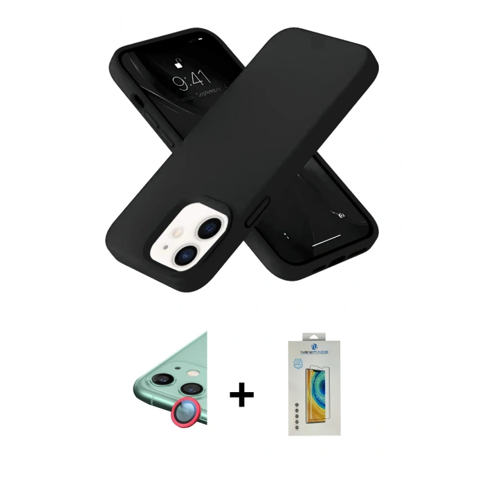MARSİLYAN™- iPhone 12 Kılıf Ahenk Serisi - Siyah Polymer Nano Ekran Koruyucu + Raze Metal Kamera Lens - KI