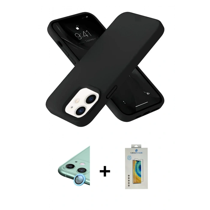 MARSİLYAN™- iPhone 12 Kılıf Ahenk Serisi - Siyah Polymer Nano Ekran Koruyucu + Raze Metal Kamera Lens - MI