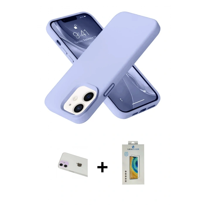 MARSİLYAN™- iPhone 12 Kılıf Ahenk Serisi - Siyah Polymer Nano Ekran Koruyucu + Rainbow Kamera Lens Koruma Cam - MR