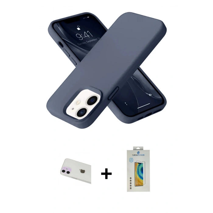 MARSİLYAN™- iPhone 12 Kılıf Ahenk Serisi - Siyah Polymer Nano Ekran Koruyucu + Rainbow Kamera Lens Koruma Cam - MR