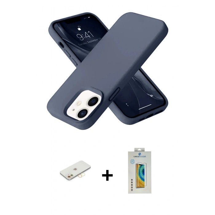 MARSİLYAN™- iPhone 12 Kılıf Ahenk Serisi - Siyah Polymer Nano Ekran Koruyucu + Renkli Kamera Lens Koruma Cam - SI