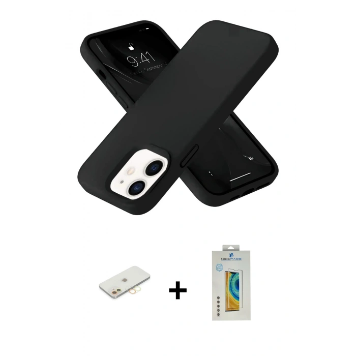 MARSİLYAN™- iPhone 12 Kılıf Ahenk Serisi - Siyah Polymer Nano Ekran Koruyucu + Renkli Kamera Lens Koruma Cam - SI