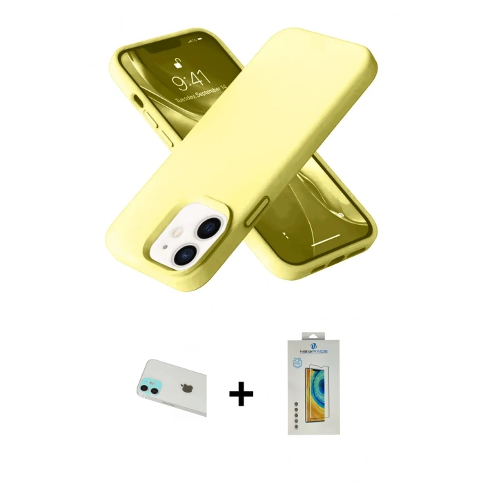MARSİLYAN™- iPhone 12 Kılıf Ahenk Serisi - Siyah Polymer Nano Ekran Koruyucu + Yeşil Rainbow Kamera Lens Koruma Cam