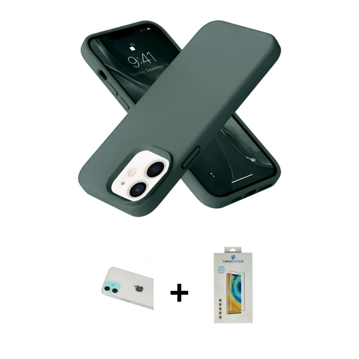 MARSİLYAN™- iPhone 12 Kılıf Ahenk Serisi - Siyah Polymer Nano Ekran Koruyucu + Yeşil Rainbow Kamera Lens Koruma Cam