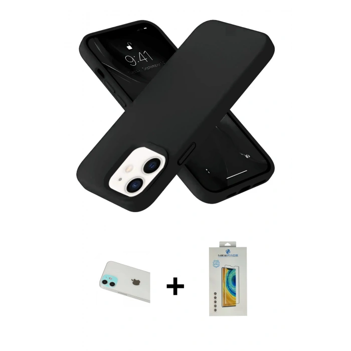MARSİLYAN™- iPhone 12 Kılıf Ahenk Serisi - Siyah Polymer Nano Ekran Koruyucu + Yeşil Rainbow Kamera Lens Koruma Cam