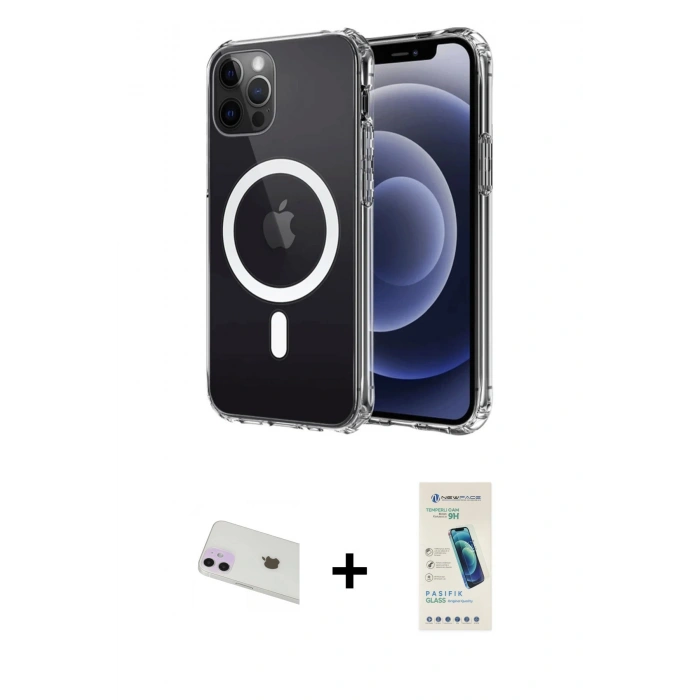 MARSİLYAN™- iPhone 12 Kılıf Ahenk Yansıma Prime - Şeffaf Pasifik Cam Ekran Koruyucu + Rainbow Kamera Lens Koruma Cam - MR