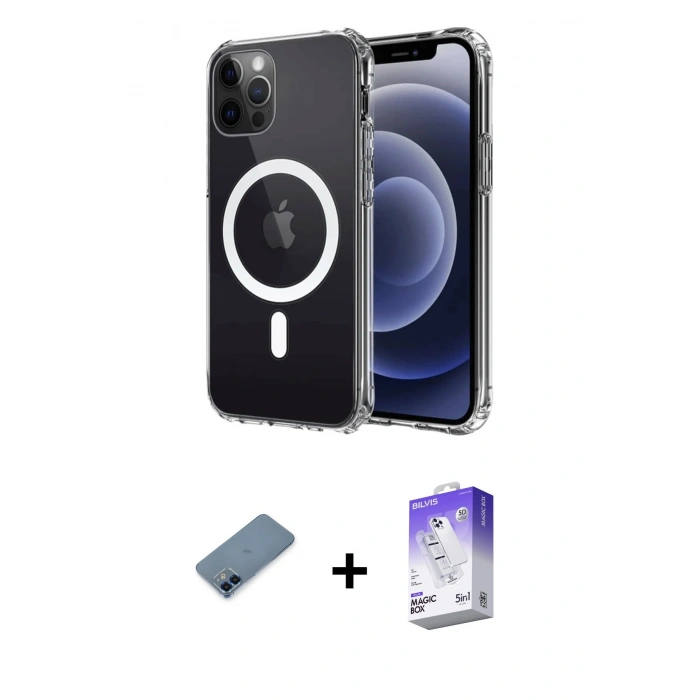 MARSİLYAN™- iPhone 12 Kılıf Ahenk Yansıma Prime - Siyah Bilvis 5in1 3D Magic Cam Ekran Koruyucu + Metal Kamera Lens Koruma Cam - MI