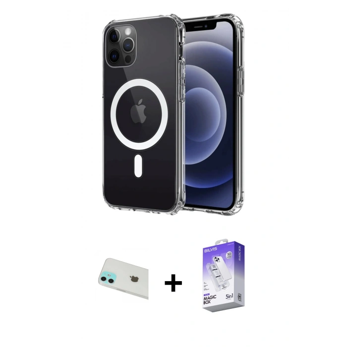 MARSİLYAN™- iPhone 12 Kılıf Ahenk Yansıma Prime - Siyah Bilvis 5in1 3D Magic Cam Ekran Koruyucu + Rainbow Kamera Lens Koruma Cam - YL