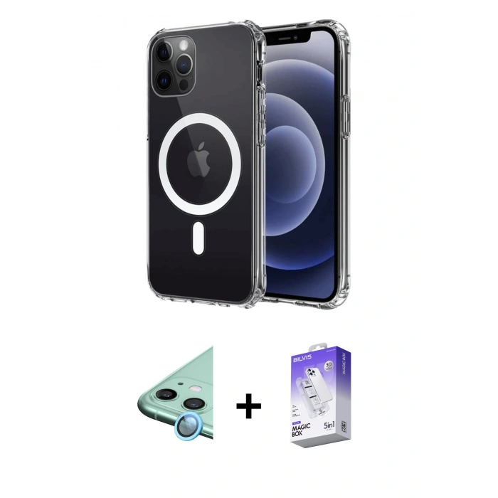 MARSİLYAN™- iPhone 12 Kılıf Ahenk Yansıma Prime - Siyah Bilvis 5in1 3D Magic Cam Ekran Koruyucu + Raze Metal Kamera Lens - MI