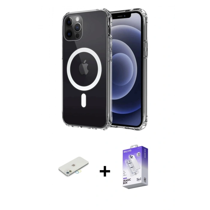 MARSİLYAN™- iPhone 12 Kılıf Ahenk Yansıma Prime - Siyah Bilvis 5in1 3D Magic Cam Ekran Koruyucu + Renkli Kamera Lens Koruma Cam - SI