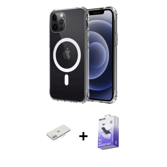 MARSİLYAN™- iPhone 12 Kılıf Ahenk Yansıma Prime - Siyah Bilvis 5in1 5D Magic Hayalet Cam Ekran Koruyucu + Renkli Kamera Lens Koruma Cam - PE