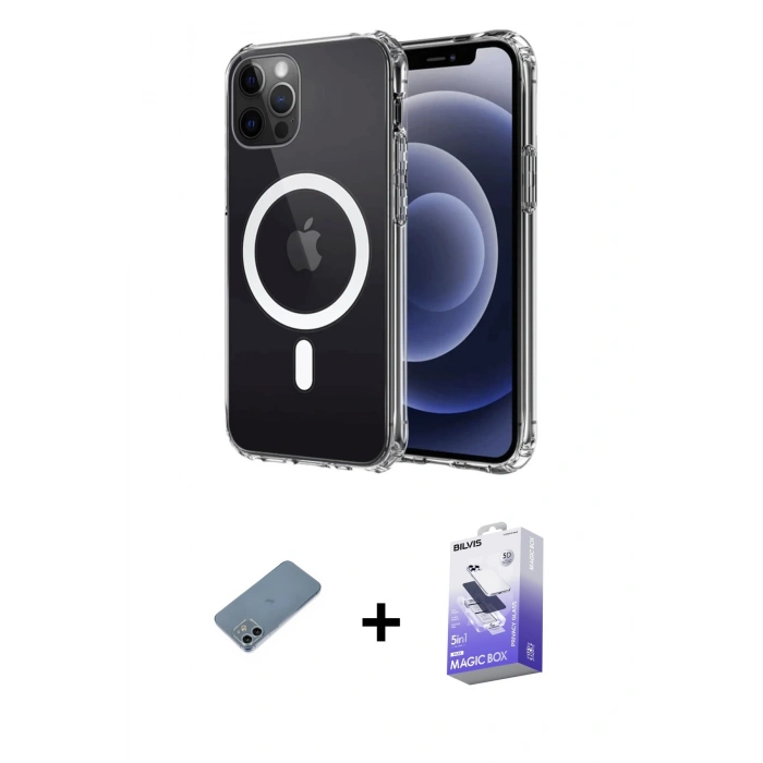 MARSİLYAN™- iPhone 12 Kılıf Ahenk Yansıma Prime - Siyah Bilvis 5in1 5D Magic Hayalet Cam Ekran Koruyucu + Shine Kamera Lens Koruma Cam - SABE