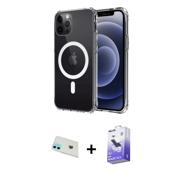 MARSİLYAN™- iPhone 12 Kılıf Ahenk Yansıma Prime - Siyah Bilvis 5in1 5D Magic Hayalet Cam Ekran Koruyucu + Rainbow Kamera Lens Koruma Cam - YL