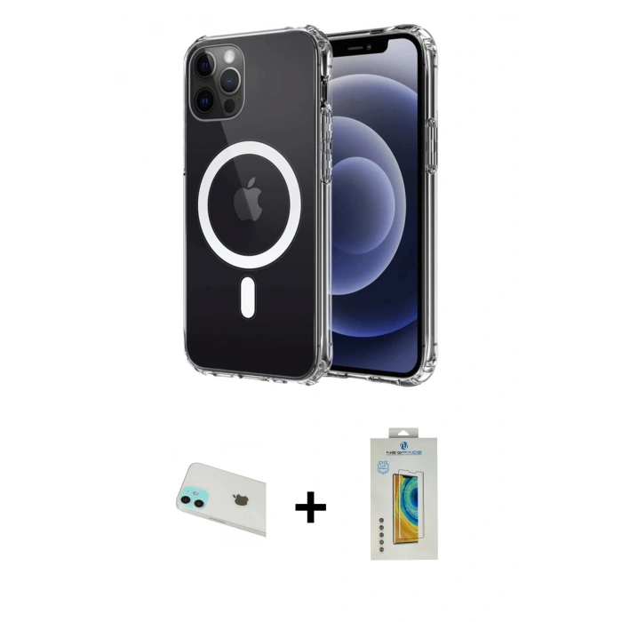 MARSİLYAN™- iPhone 12 Kılıf Ahenk Yansıma Prime - Siyah Polymer Nano Ekran Koruyucu + Rainbow Kamera Lens Koruma Cam - YL