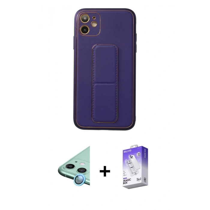 MARSİLYAN™- iPhone 12 Kılıf Akış Doku - Siyah Bilvis 5in1 3D Magic Cam Ekran Koruyucu + Mavi Raze Metal Kamera Lens