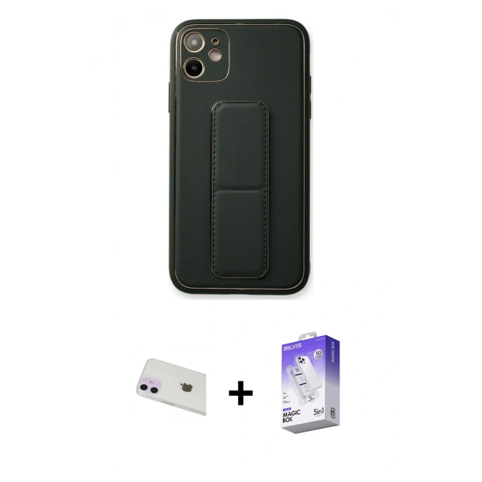 MARSİLYAN™- iPhone 12 Kılıf Akış Doku - Siyah Bilvis 5in1 3D Magic Cam Ekran Koruyucu + Rainbow Kamera Lens Koruma Cam - MR