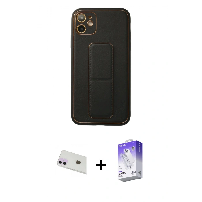 MARSİLYAN™- iPhone 12 Kılıf Akış Doku - Siyah Bilvis 5in1 3D Magic Cam Ekran Koruyucu + Rainbow Kamera Lens Koruma Cam - MR