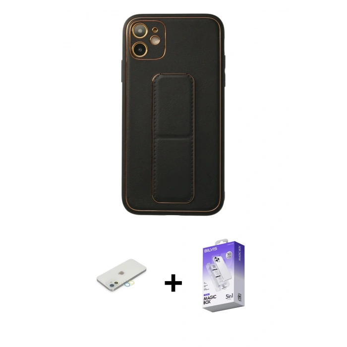 MARSİLYAN™- iPhone 12 Kılıf Akış Doku - Siyah Bilvis 5in1 3D Magic Cam Ekran Koruyucu + Renkli Kamera Lens Koruma Cam - SI