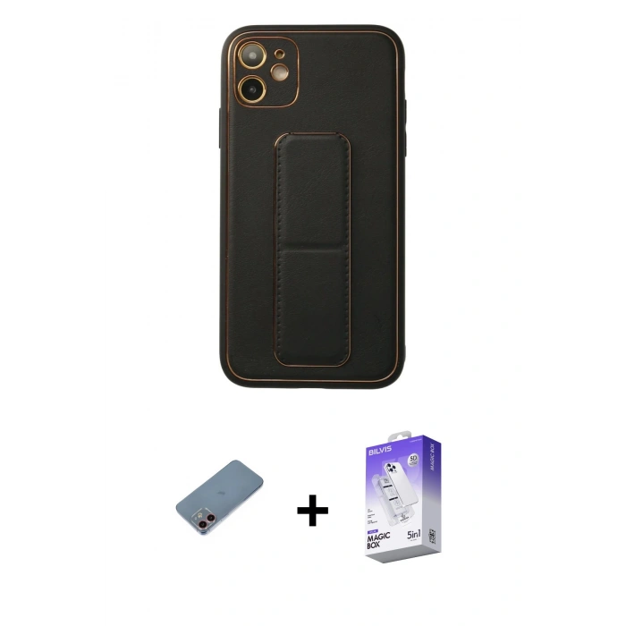MARSİLYAN™- iPhone 12 Kılıf Akış Doku - Siyah Bilvis 5in1 3D Magic Cam Ekran Koruyucu + Shine Kamera Lens Koruma Cam - PE